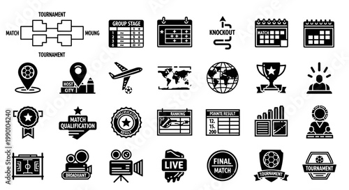 Set of monochrome icons depicting sports tournament elements, including calendars, maps, awards, and broadcast symbols, designed with clean lines for versatile commercial