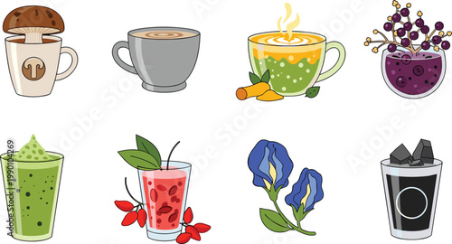 Healthy Superfood Beverage Vector Illustration Set Featuring Mushroom Coffee, Turmeric Latte, Matcha Smoothie, Goji Berry Drink, Charcoal Lemonade, and Butterfly Pea Tea