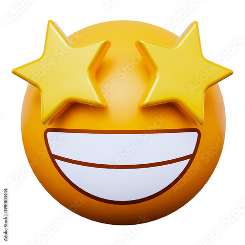 Smiling face emoji with two stars covering eyes on transparent background