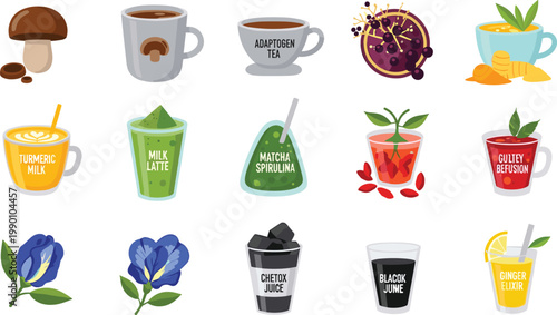 Modern Wellness and Functional Beverage Vector Icon Set Featuring Mushroom Coffee Golden Milk Adaptogen Tea and Charcoal Detox Juice for Health Cafe and Nutrition Designs