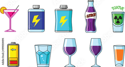 Modern Wellness and Functional Beverage Vector Icon Set Featuring Mushroom Coffee Golden Milk Adaptogen Tea and Charcoal Detox Juice for Health Cafe and Nutrition Designs