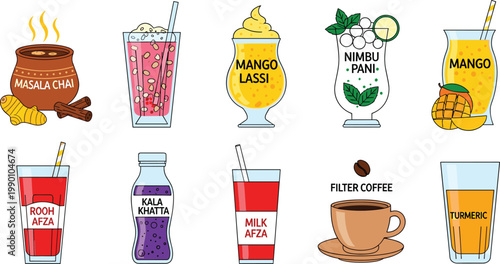 South Asian Traditional Beverage Vector Icon Set Featuring Masala Chai Mango Lassi Nimbu Pani Rooh Afza and Turmeric Milk for Authentic Indian Restaurant Menus