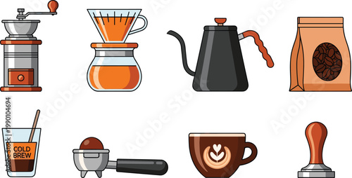 Professional Specialty Coffee Brewing Equipment Vector Illustration Set Featuring Manual Grinder, Pour Over Dripper, Gooseneck Kettle, Espresso Portafilter, and Barista Tools
