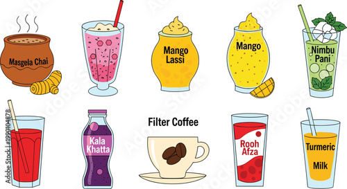 Traditional Indian and South Asian Beverage Icon Set Featuring Masala Chai Mango Lassi Nimbu Pani Kala Khatta Rooh Afza and Turmeric Milk for Authentic Restaurant Menus