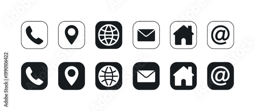 Contact icons set featuring phone mobile call and telephone symbols with business card icons vector illustration for contact information and UI design