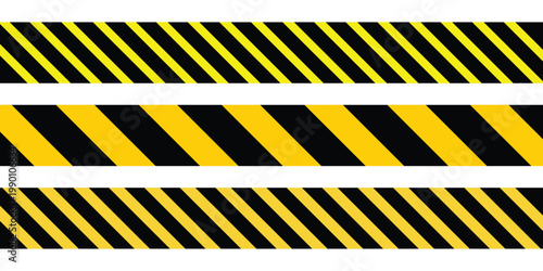 Set of danger and construction tapes black and yellow warning stripes . Art design line of crime places. Construction warning sign. Abstract concept graphic design element. Vector illustration. 