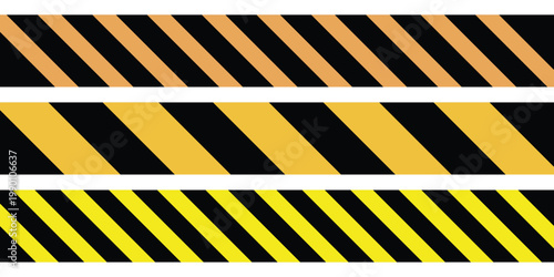 Set of danger and construction tapes black and yellow warning stripes . Art design line of crime places. Construction warning sign. Abstract concept graphic design element. Vector illustration. 