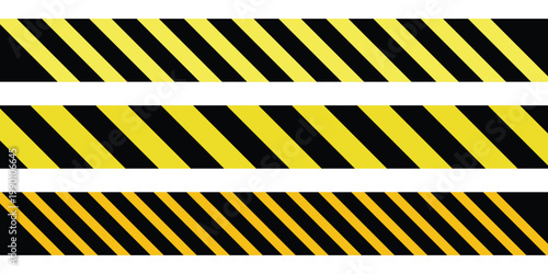 Set of danger and construction tapes black and yellow warning stripes . Art design line of crime places. Construction warning sign. Abstract concept graphic design element. Vector illustration. 