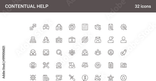 Contextual help UI icon set in minimal outline style for user support guidance tooltips and interface assistance design systems