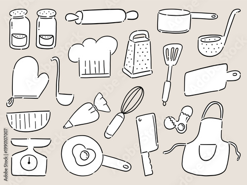 Kitchen Utensils Doodle Set Hand Drawn Cooking Tools Baking Equipment Vector Collection