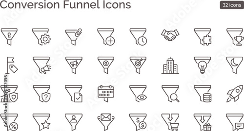 Conversion Funnel Icon Set Outline Style with Sales Pipeline Marketing Optimization Lead Tracking and Business Growth Tools for Apps