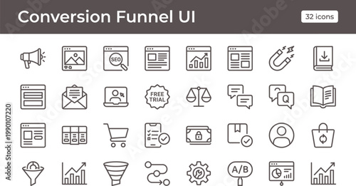Conversion Funnel UI Icon Set Outline Style with Marketing Analytics Sales Tracking Optimization and Business Performance Tools for Apps
