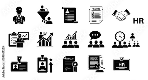 Simplified black and white hr management icons representing recruitment, teamwork, contracts, and business growth, showcasing professional concepts for scalable commercial