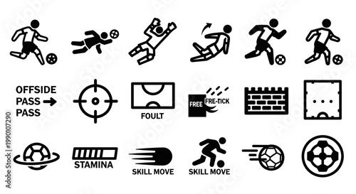 Dynamic soccer icons showcase game actions, featuring players in motion, strategic plays, and essential elements like free kicks, fouls, and stamina bars, rendered with bold lines