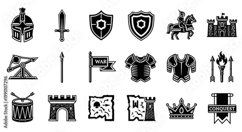Medieval war symbols set, featuring helmet, sword, shield, knight on horse, castle, catapult, spear, war flag, armor, arrows, drum, map, crown, and conquest banner, all in a
