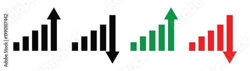 A stock increase and decrease icon set. Business growth and fall graph symbols. Stock increase and decrease  icons set  isolated on transparent background . Vector illustration.  Eps10