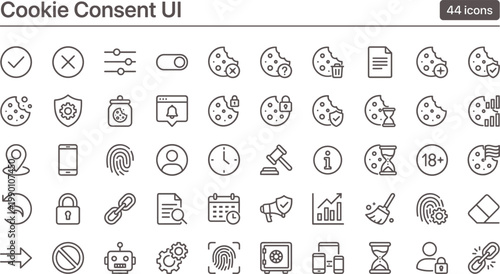 Cookie Consent UI Icon Set Outline Style with Privacy Security Settings Approval Controls and Data Protection Tools for Apps
