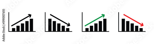 Stock increase and decrease icon set. Business growth and fall graph symbols. Stock increase and decrease  icon set isolated on transparent background. Stock increase and decrease vector illustration.