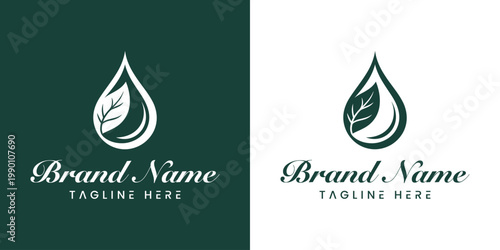 Logo design with leaf and water drop on green and