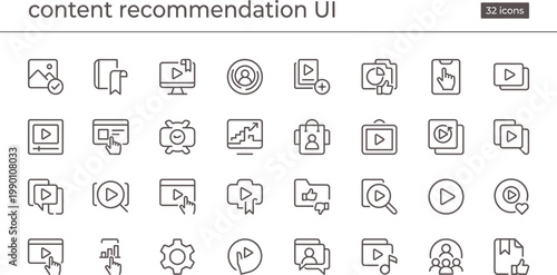 Content Recommendation UI Icon Set Outline Style with Media Suggestions Personalization Analytics and User Interaction Tools for Apps