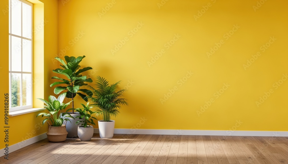 Fototapeta premium Sunny Interior with Potted Plants: A vibrant room bathed in sunshine, featuring a vivid yellow wall, a wooden floor, and a cluster of lush potted plants by the window, creating a warm.