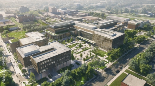 Aerial View of Modern University Campus with Green Spaces and Pathways