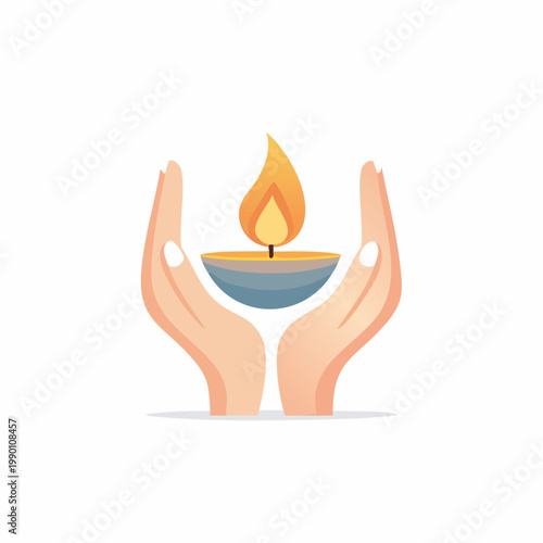 Hands gently holding a lit candle or oil lamp, symbolizing care and hope.
