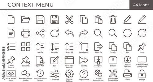 Context Menu Icon Set Outline Style with Interface Controls Editing Actions Navigation and User Interaction Tools for Apps