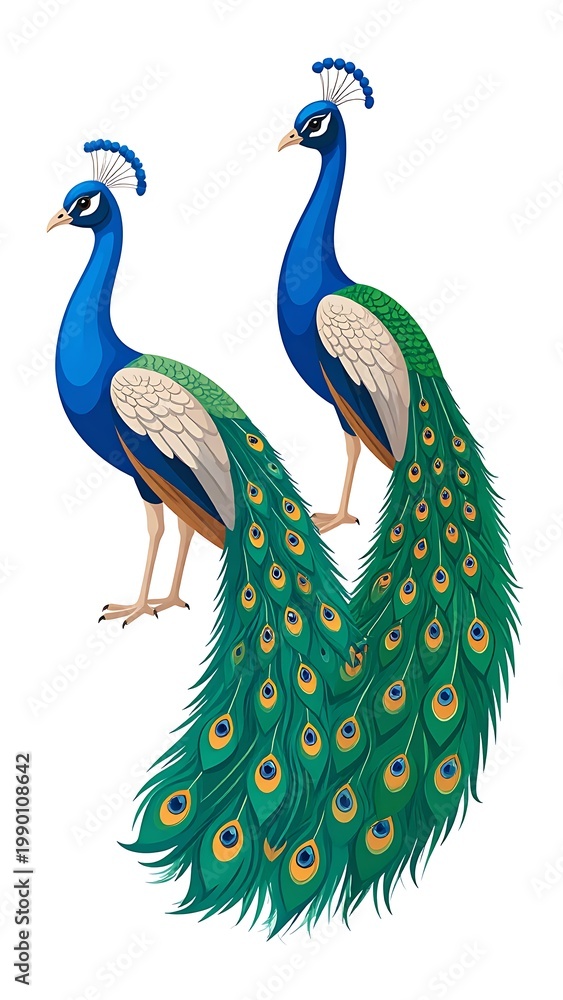 Fototapeta premium Two colorful peacocks with vibrant feathers and long tails