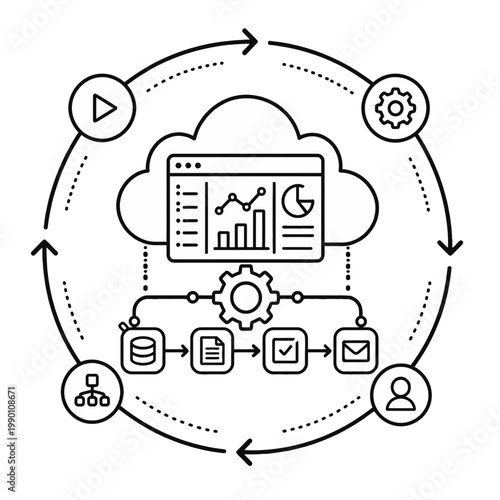 Cloud-based data workflow automation icon showing a comprehensive business process cycle with analytics and various stages from input to output