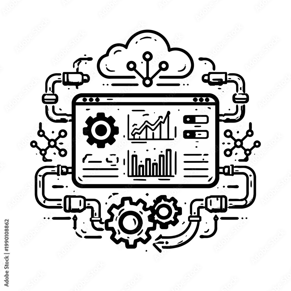 Obraz premium Abstract line art icon depicting a comprehensive cloud computing and data analytics system, highlighting network processing, system management, and digital technology