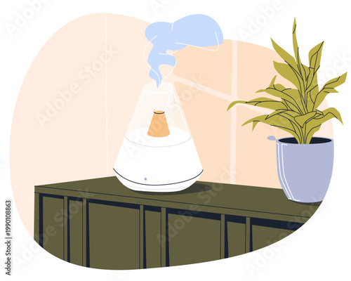 Modern transparent air purifier and humidifier on dark sideboard, ultrasonic aroma diffuser with houseplant, stylish home climate control technology for healthy breathing, vector illustration.