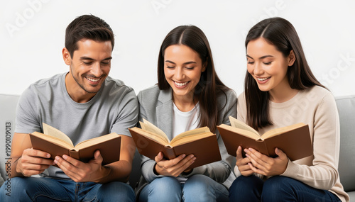 Shared Literary Moment: Three friends immersed in the world of books, a moment of shared joy in reading.
