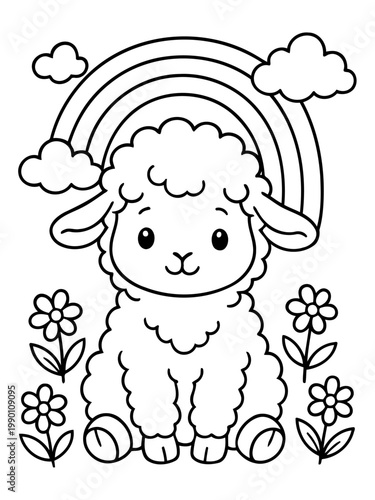 Rainbow Sheep's Daydream: A charming illustration features a fluffy sheep sitting peacefully beneath a colorful rainbow. Adorned with flowers, this image brings an uplifting mood.