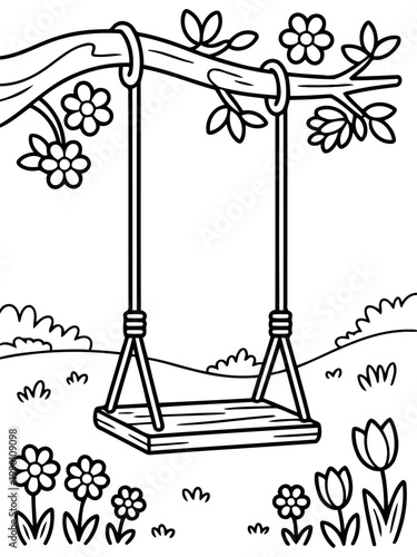 Childhood Reverie: An inviting wooden swing hangs from a tree branch amidst a charming garden scene. A place where imagination takes flight.