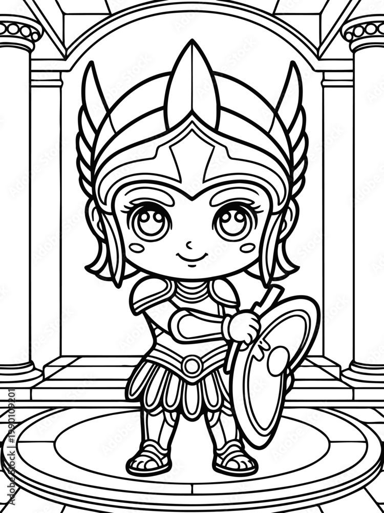 Obraz premium Warrior Illustration: A brave cartoon warrior stands ready with shield, donned in gleaming armor, prepared to protect with courage.