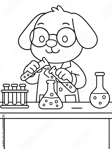 Lab Pup's Discovery: An inquisitive pup, donned in a lab coat and spectacles, is engrossed in scientific experiments, mixing chemicals in beakers and test tubes.