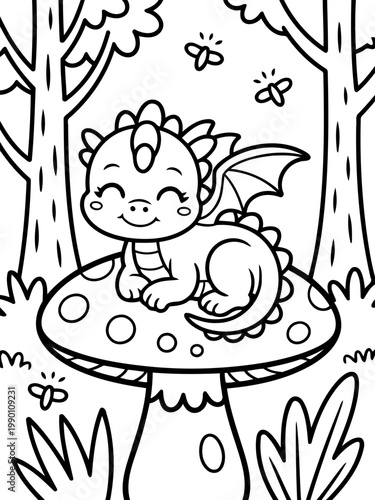 Dragon's Dream: A charming illustration portrays a cute baby dragon resting on a mushroom in a whimsical forest scene, inviting coloring and imaginative exploration.