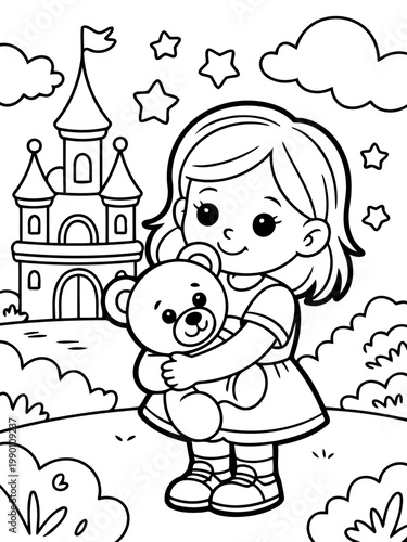 Dreamy Reverie: A cartoon girl, embraced by a teddy bear, stands before a whimsical castle, a scene from a child's magical world.