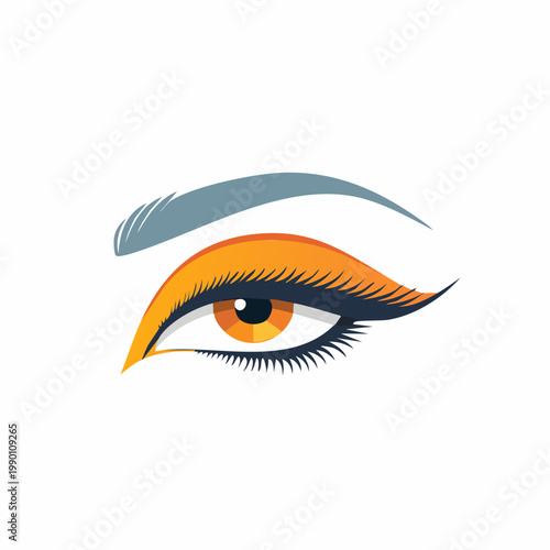 Stylized illustration of a human eye with vibrant orange eyeshadow and a dark eyebrow.
