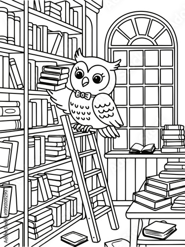 Wise Owl in the Library: An adorable owl perches atop a ladder, surrounded by towering bookshelves in a quaint library setting, ready to delve into the world of knowledge.