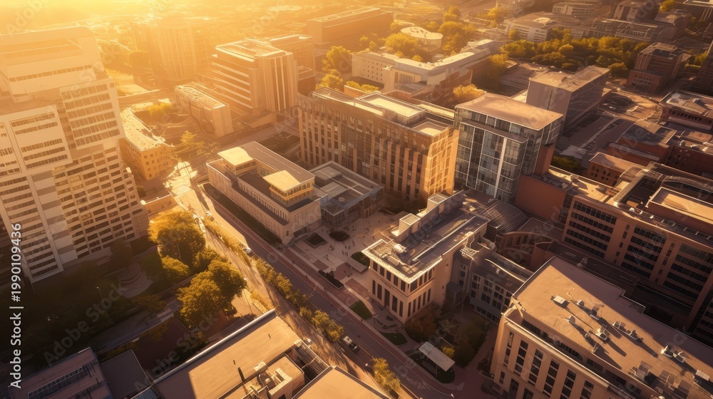 Obraz premium Aerial View of Modern Urban Cityscape During Golden Hour Sunset