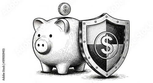 Piggy bank and shield with dollar symbol for financial security concept.