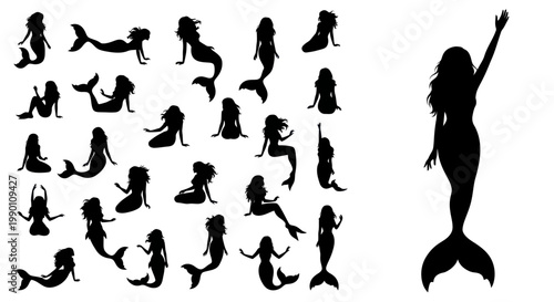 Collection of mermaid silhouettes dancing.