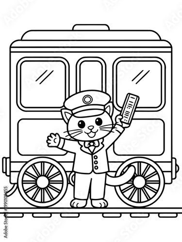 Train Conductor: a delightful drawing of a charming cat dressed as a train conductor, holding a ticket in hand, ready to welcome passengers aboard the train.