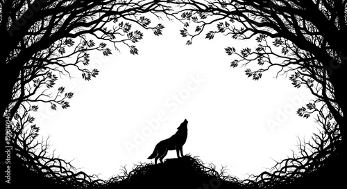 Silhouette of a wolf standing alone.