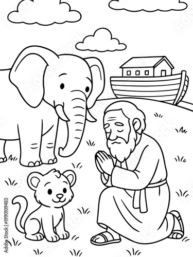 Noah's Ark Illustration: A biblical scene depicts Noah with a lion cub and an elephant, an ark in the background, set beneath fluffy clouds.