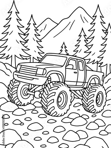 Monster Truck on Rocky Terrain: A robust monster truck navigates a challenging rocky landscape, mountains and trees providing the backdrop. Embodying strength and adventurous spirit.