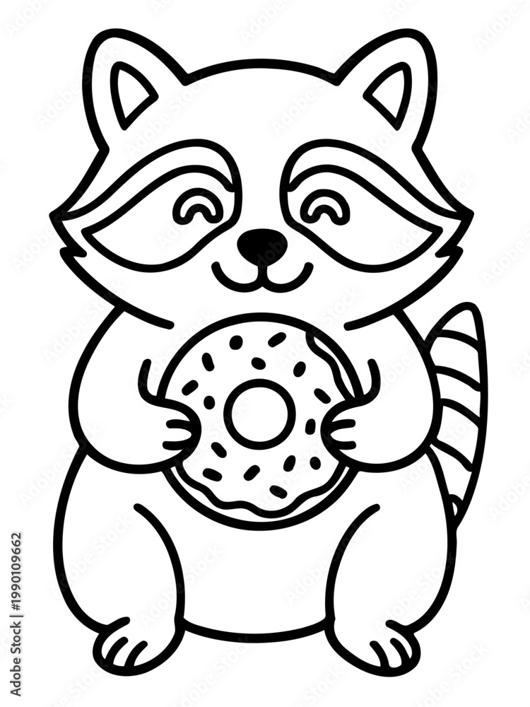 Fototapeta premium Happy Raccoon with Doughnut: A cheerful, cartoon-style raccoon holds a delicious doughnut. This simple, black and white illustration radiates sweetness.