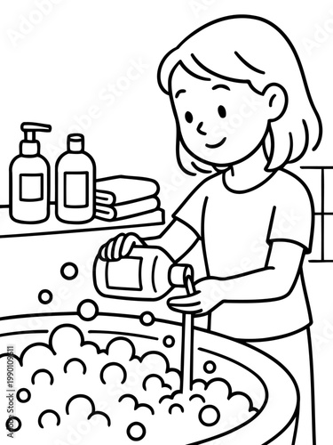 Bathtime Bliss: A young person adding bubbly bath essence, ready for relaxation in a foam-filled tub, towel stack, creating a tranquil scene.